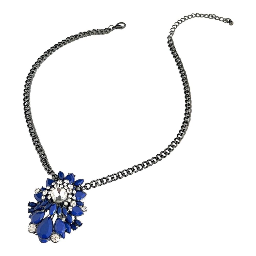 New Statement Necklace Hematite Tone Blue Stones Crystal Accents - 4A